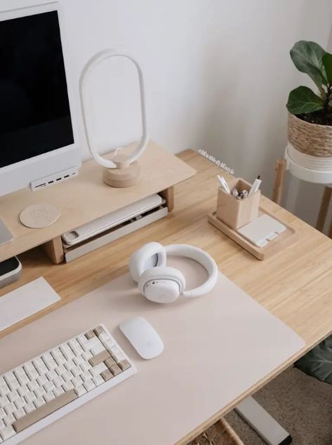 Add character to you home office with these desk accessory ideas.  #workathome #desk #creative Minimal Productivity Desk Setup, Neutral Office Desk Aesthetic, Small Desk Setup Workspace Inspiration, Cozy Minimalist Gaming Setup, Organizing Work Desk, Cute Office Setup, Standing Desk Setup Aesthetic, Desk Next To Dresser, Luxury Desk Setup