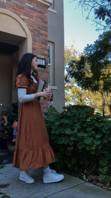 Rust orange fall maxi dress Modest Outfits With Converse, November Church Outfits, Fall Modesty Outfits, Modest Layered Outfits, Modest Fall Outfits Aesthetic, Fall Christian Outfits, Teacher Modest Outfits, Modest Fall Outfits Casual Apostolic Fashion, Dresses For Winter Casual