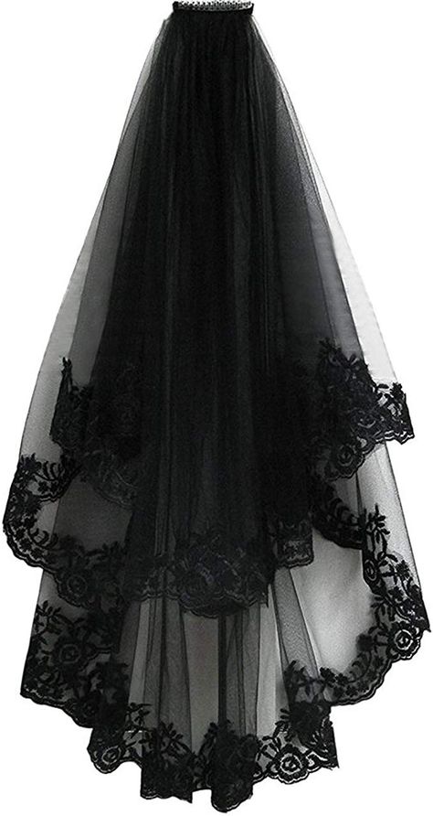 Pamor Black Lace Veil Creative Mantilla Cathedral Tulle Sheer Wedding Halloween Veil for Bride With Comb at Amazon Women’s Clothing store Bride Hairstyles With Veil, Black Wedding Veil, Lace Veils Bridal, Bride Costume, Bride Veil, Wedding Bridal Veils, Lace Bride, Goth Wedding, Wedding Hairstyles With Veil