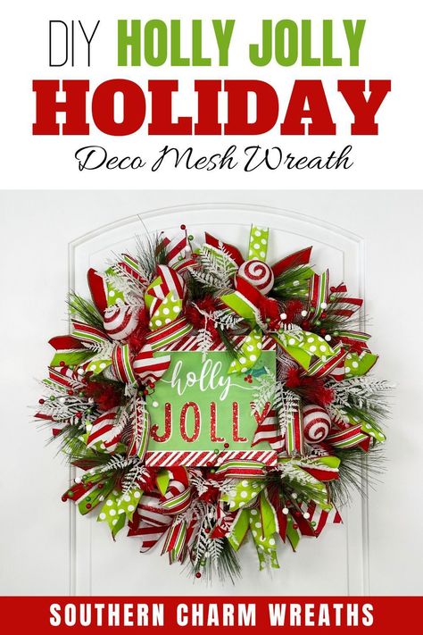 Learn how to make this Holly Jolly wreath with deco mesh poufs, brightly-colored holiday ribbons, and just a touch of wintery greenery Christmas Wreaths Diy Easy Deco Mesh, How To Make Deco Mesh Christmas Wreaths, Red Deco Mesh Christmas Wreaths, How To Mesh Wreath, Diy Deco Mesh Wreath Tutorial Christmas, Wire Mesh Wreaths How To Make, Adding Ribbon To Deco Mesh Wreath, Mesh And Ribbon Wreath Tutorial, Diy Evergreen Swag