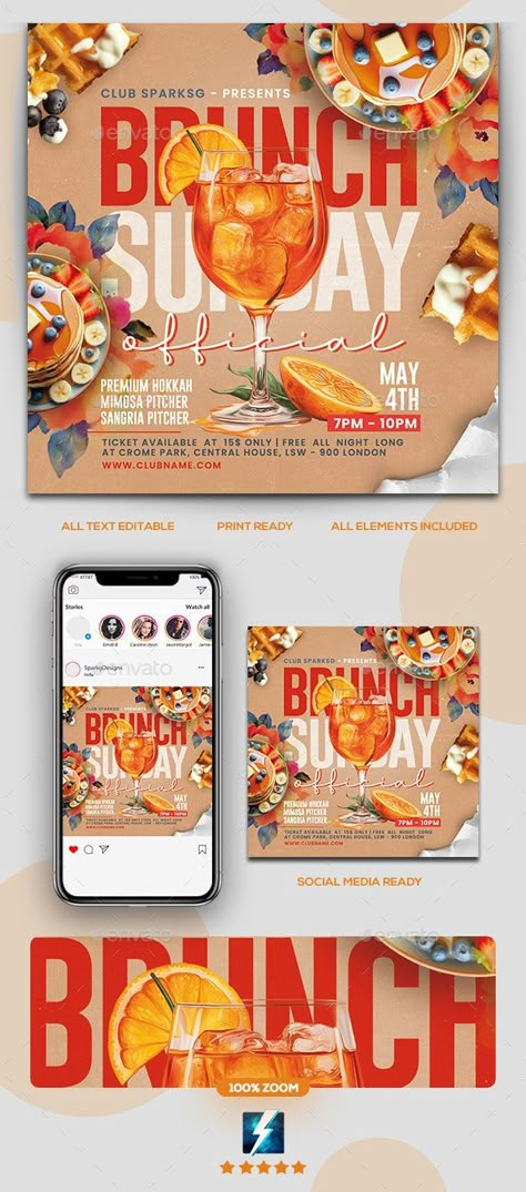 Brunch Flyer - Clubs & Parties Events Day Party Flyer Design, Event Flyers Design, Party Creative Ads, Brunch Flyer Design, Bar Flyer Design, Poster Ads Design, Hangover Brunch, Brunch Menu Design, Billboard Design Ideas