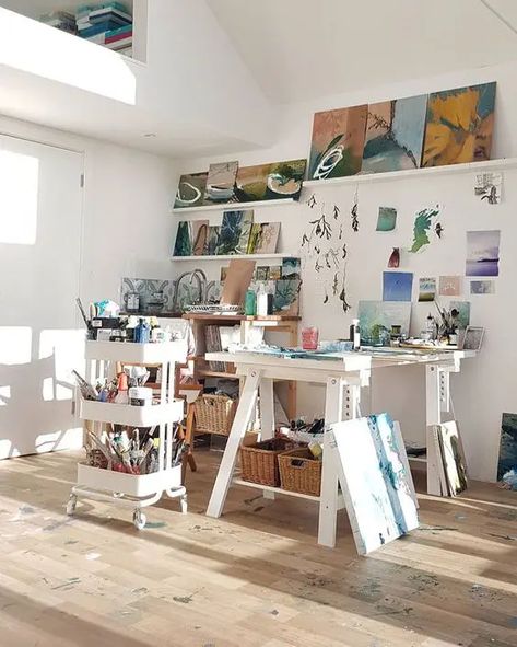 an IKEA cart is a perfect addition to any art studio Modern Art Room Ideas, Small Painting Studio Workspaces, Home Painting Studio Art Rooms, Desks For Artists, Studio Painting Room, Bedroom For Artist, Dream Art Studio Aesthetic, Art Studio Workspaces, Minimalist Art Room