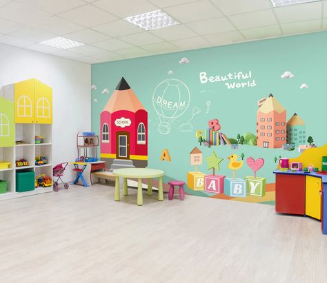 Business Wallpaper, Indoor Playroom, Daycare Decor, Daycare Design, Preschool Classroom Decor, Kindergarten Design, School Murals, 3d House, Commercial Wallpaper