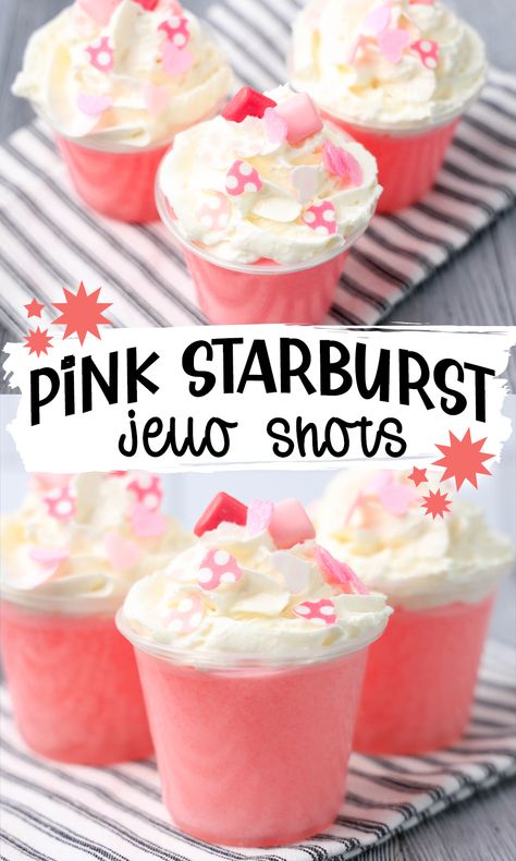 Pink Starburst Jello Shots Recipe - easy food - Love and Marriage Starburst Jello Shots Recipe, Pink Starburst Jello Shots, Jello Dessert Cups, Starburst Jello Shots, Starburst Recipe, Wine Jello Shots, Malibu Jello Shots, Rum Jello Shots, Lemonade Jello Shots