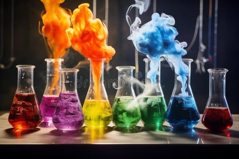 Colorful chemical reactions occurring in glass beakers. Generative AI stock image Coffee Zone, Chemical Reaction, Beakers, Chemical Reactions, Graphic Designs, Biology, Chemistry, The Beauty, Phone Wallpaper