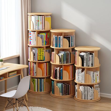 درج السلم, Rotating Bookshelf, Tiered Display Shelves, Revolving Bookcase, Bookcase Organization, Home Library Design, Bookshelf Design, 아파트 인테리어, Library Design