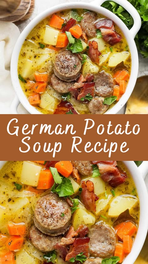 German Potato Soup Recipe | Cheff Recipes German Stew Recipes, Delicious Soups Comfort Foods, German Cooking Recipes, Brat Potato Soup, Hearty Food Recipes, Hearty Potato Soup Recipes, German Lunch Recipes, Polish Dinner Ideas, German Potatoes Recipes