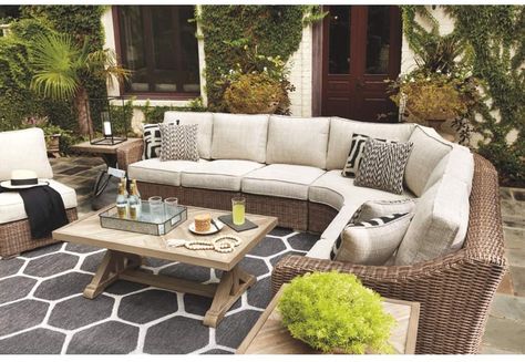 AmazonSmile : Signature Design by Ashley - Beachcroft Outdoor Corner Chair with Cushions - All-weather Wicker Frame - Beige : Garden & Outdoor Outdoor Seating Set, Outdoor Sofa Sets, Ornate Furniture, Corner Chair, Indoor Outdoor Living, Outdoor Dining Set, Ashley Furniture, Outdoor Sectional Sofa, Patio Decor