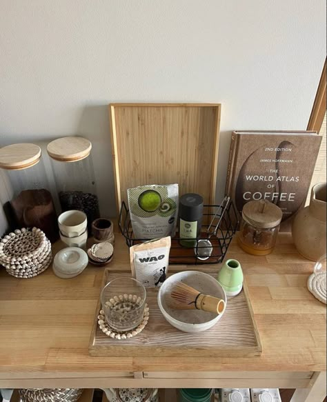 Matcha Corner Aesthetic, Matcha Corner Home, Matcha Station Aesthetic, Matcha Bar At Home, Matcha Station At Home, Tea Corner Ideas, Matcha Corner, Tea Station Ideas, Matcha Station