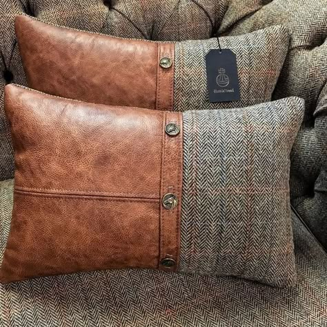 Leather Scatter Cushions, Tweed Interior Design, Leather Home Decor Diy, Leather Cushion Covers, Leather Cushions Ideas, Leather Decor Ideas, Leather Pillows On Couch, Harris Tweed Crafts, Leather Interior Design