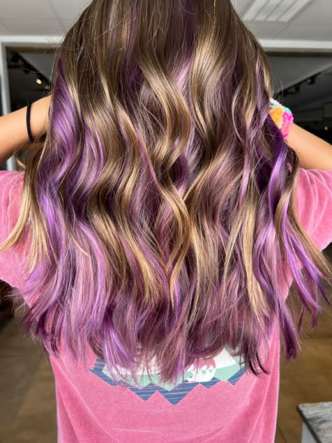 Purple Streaks In Brown Hair Highlights, Streaks Of Purple In Hair, Purple Hair Lowlights, Purple Balayage Light Brown Hair, Highlights With Purple Lowlights, Peekaboo Purple Hair Color, Peekaboo Hair Color Pink And Purple, Dyed Hair Purple Highlights, Purple Chunks In Hair