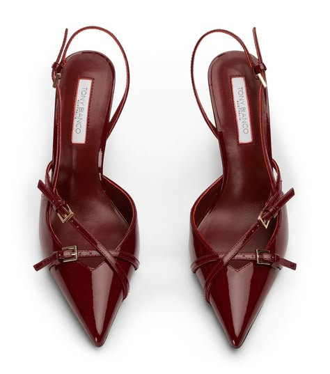 Burgundy Slingback Heels, Cherry Red Heels, Designer Shoes Aesthetic, Fall Shoes 2024, Tony Bianco Heels, Maroon Heels, Cool Heels, Buckle Heels, Flat Shoes For Women