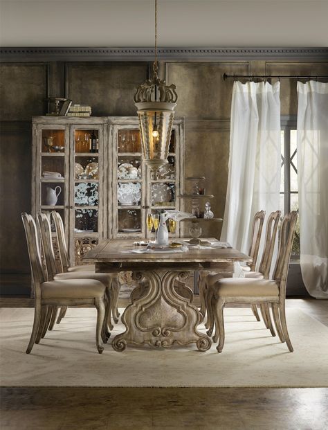 Chatelet Casual Dining Room Group by Hooker Furniture at Baer's Furniture Glass Dining Room, Glass Dining Room Table, Transitional Dining Room, Star Furniture, Transitional Dining, Dining Table Bases, Trestle Dining Tables, 7 Piece Dining Set, Solid Wood Dining Chairs