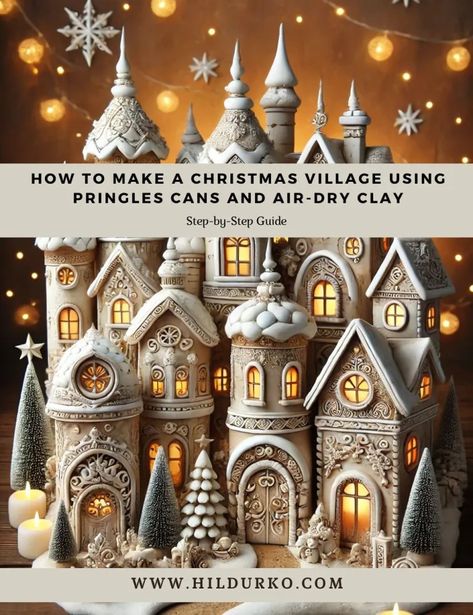 How to Make a Christmas Village Using Pringles Cans and Air-Dry Clay - Colorful Conversations: HildurKO's Visual Journal Diy Clay House Village, Pottery Christmas Village, Diy Air Dry Clay Christmas Village, Ceramic Christmas Village Display, Christmas Gnome Village, Pringle Can Christmas Crafts, Clay Houses Christmas, Diy Miniature Christmas House, How To Set Up Christmas Village