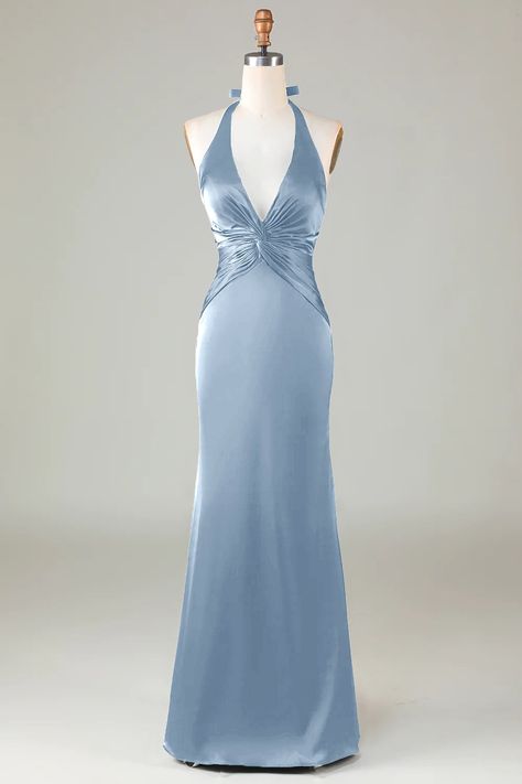 Satin Dress Prom, Satin Dress Formal, Light Blue Dress Black Women, Dress With The Back Out, Beautiful Long Dress, Unique Gown Design Beautiful, Oval Neckline Dress, Neck Halter Dress, Squared Neckline Dresses