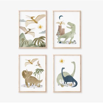 Set of 4 "UNFRAMED" Dinosaur Art Print set. Create a neutral dinosaur themed nursery or space with these prints. Prints Included: Pterodactyl, Brontosaurus pair, T-Rex, Triceratops Size: 20" H x 16" W | Nemo and Her Dinosaur 4- Piece Paper Print Set Paper in Brown / Green | 14 H x 11 W x 0.2 D in | Wayfair Dinosaur Themed Nursery, Safari Art, Dinosaur Wall Art, Youth Decor, Woodland Art, Dinosaur Nursery, Dinosaur Wall, Dinosaur Art, Art Print Set