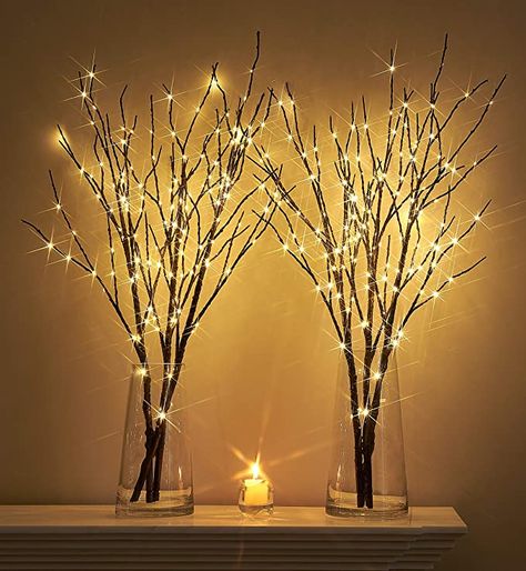 Lighted Branches Centerpieces, Branch Lights, Branch Centerpieces, Vase With Branches, Warm White Fairy Lights, Twig Lights, Tree Bark Texture, Light Up Tree, White Fairy Lights