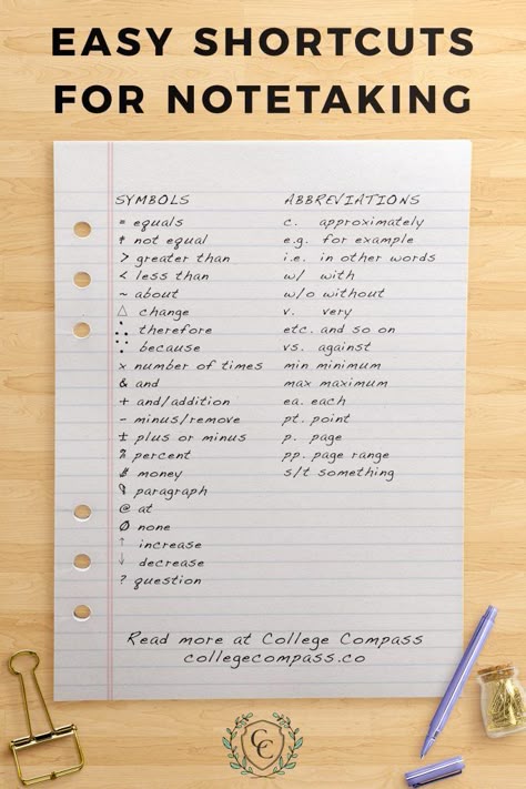 My favorite breakdown of note-taking shortcuts! Pin to save for later, and click through to read on College Compass. Studying Tips, Cornell Notes, College Notes, Whole Brain Teaching, High School Hacks, Study Hacks, School Survival, College Stuff, School Related