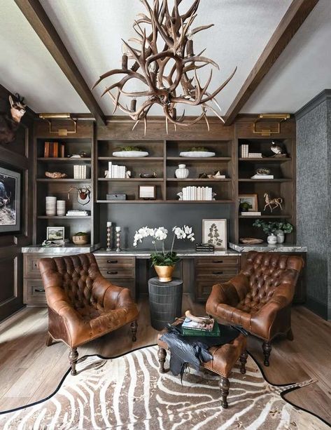 Western Office Ideas For Men, Home Office And Bar Combo, Modern Mountain Home Office, Bourbon Room Office, His Office Ideas, Speak Easy Office, Western Theme Office, Rustic Office Decor Ideas, Office Chandelier Ideas