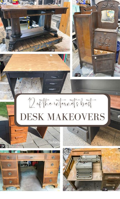 12 of the Internet's Best Desk Makeovers! - 100 Things 2 Do Repurposed Office Furniture, Desk Redo Before After, Repurposed Writing Desk, Rustic Desk Diy, Office Desk Redo Ideas, Old Wooden Desk Makeover, Wooden Desk Makeover Diy, Antique Standing Desk, Dresser Into Desk Diy