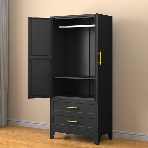 Amazon.com: RISTERN 71” Metal Storage Cabinet with 2 Doors, 1 Adjustable Shelf and 2 Draws, Armoire Wardrobe Closet with Hanging Rods for Home Office, Bedroom, Living Room (Green) : Home & Kitchen Black Storage Cabinet, Clothing Armoire, Armoire Wardrobe Closet, Metal Storage Cabinet, Sewing Room Inspiration, White Storage Cabinets, Closet Cabinet, Armoire Wardrobe, Black Storage