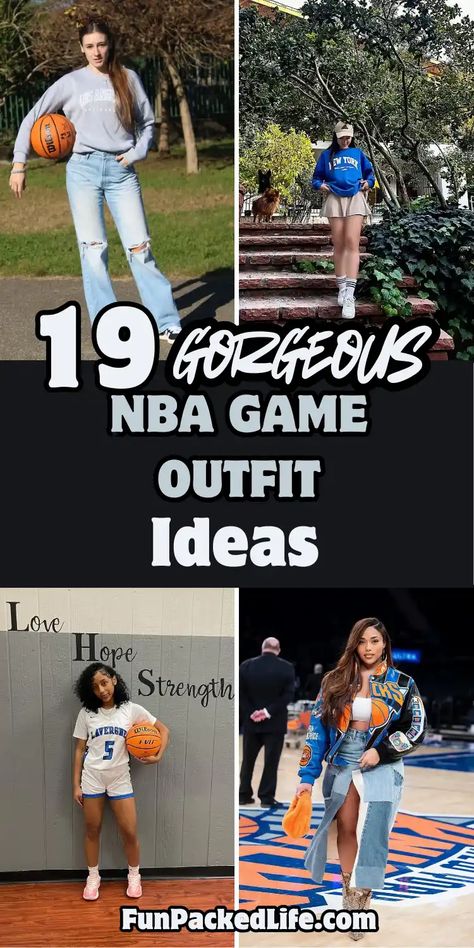 Image showcases four stylish NBA game outfit ideas with the text "19 Gorgeous NBA Game Outfit Ideas" prominently displayed. Outfits include a casual sweatshirt with ripped jeans and sneakers, a sporty hoodie paired with a mini skirt and cap, a basketball jersey with matching shorts, and a trendy denim skirt styled with a Knicks bomber jacket and boots. The theme combines comfort, team spirit, and trendy fashion for game-day looks suitable for basketball fans. Courtside Outfit Basketball Style, Suns Basketball Game Outfit, Sports Events Outfits, Pacers Game Outfit Woman, Cute Nba Game Outfit, Milwaukee Bucks Outfit Women, Basketball Outfit For Women Game, Nba All Star Weekend Outfit Women, Rockets Game Outfit