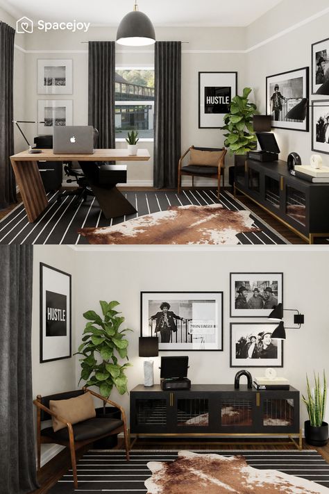 Bedroom Office Ideas Men, Mens Work Office Decor, Office Decor For Man, Black Office Inspiration, Light Masculine Office, Black Modern Office Design, Men Office Decor At Work, Modern Antique Office, Unisex Office Decor