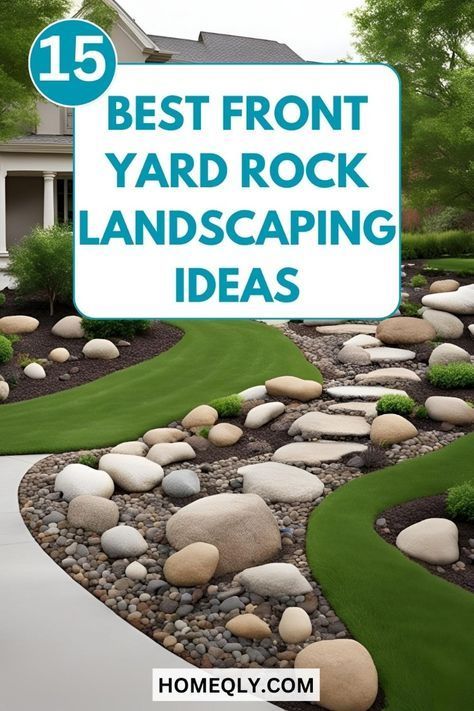 Create a rock garden with drought-resistant plants, succulents, and stones for a low-maintenance, modern look. Front Yard Low Maintenance Landscaping, Rock Bed Ideas, Hardscape Front Yard, Front Yard Low Maintenance, Front Yard Rock Landscaping Ideas, Front Yard Rock Landscaping, Yard Rock Landscaping, Rock Landscape Ideas, Front Yard Rock Garden