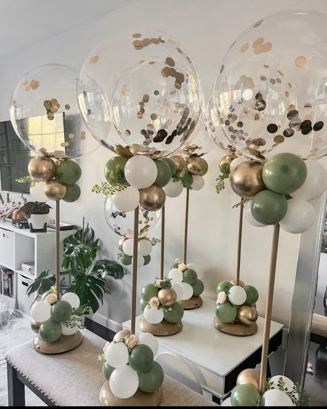 Gold And White Table Balloons, Treat Table Balloon Garland, Babyshower Table Decoration For Boys, Sage And Gold Birthday Party, Nature Themed Baby Shower Ideas Boy, Simple Baby Shower Ideas For Boys, Balloon Walkway, 15 Decorations, Sage Green Baby Shower