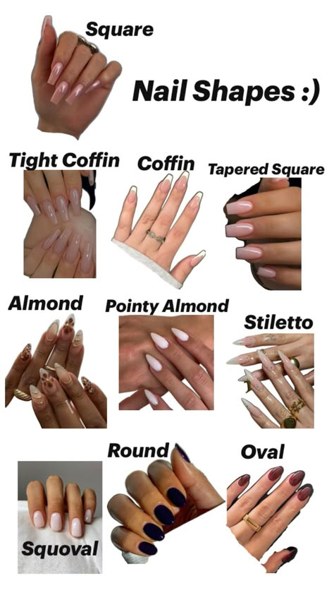 Nails are very complex, you can do different shapes and styles. This is most of them for Inspo ❤️ Pretty Nail Shapes, Diff Nail Shapes, Bf Nail Ideas, Nail Shape Meaning, Nail Type Shape, Nail Shapes For Wide Nails, Square Vs Round Nails, Medium Nail Shapes, Long Nails Shapes