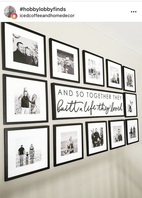 Family Living Room Wall Decor Ideas, Picture Spacing On Wall, Living Room Decor With Family Pictures, Picture Accent Wall Living Room, Wall Picture Display Ideas, Black Wall Frames Ideas, Black And White Photos On Wall Ideas, Long Photo Wall, Wedding Photo Canvas Display