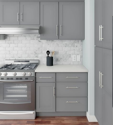 RELIABILT ready-to-assemble kitchen cabinets are a simple yet stylish addition to any space. The Overlake Collection offers easy-to-use cabinet accessories with a coordinating matte gray finish, enhancing the style and beauty of your space at a value. RELIABILT Overlake 3-in W x 91-in H x 0.75-in D Gray Painted Cabinet Fill Strip | LS-SG-F391 Grey Flat Panel Kitchen Cabinets, Grey Cabinets Kitchen Decor, Dark Grey Cabinets Kitchen, Kitchen Cabinets Light Grey, Grey Cabinets Kitchen, Light Gray Kitchen Cabinets, Grey Painted Cabinets, Gray Shaker Cabinets, Light Grey Kitchen Cabinets