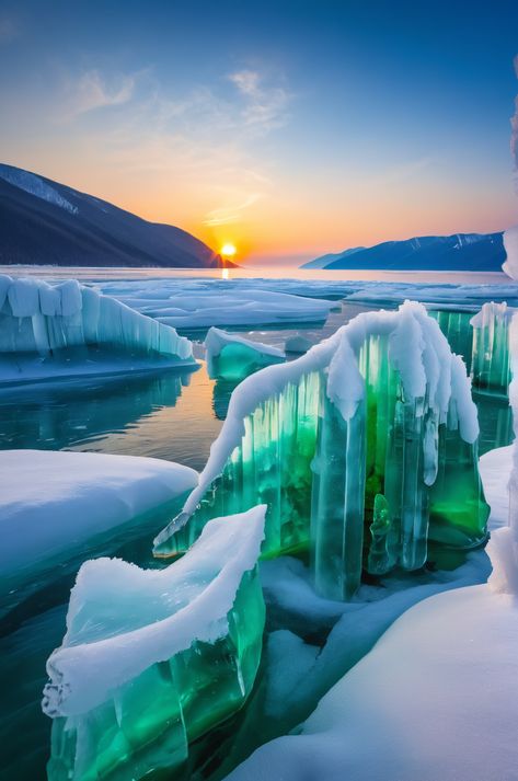 Experience the magic of Lake Baikal's emerald ice formations.  Crystalline structures emerge from the frozen depths, reflecting the winter sun's brilliance. Discover the beauty of this winter wonderland. #LakeBaikal #EmeraldIce #WinterWonderland Icy Landscape, Baikal Lake, Ice Formations, Nature Landscape Photography, Siberia Russia, Lake Baikal, Crystalline Structure, Winter Watercolor, Frozen Lake