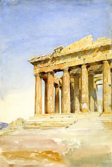 Parthenon Watercolor, Greek Plates, Greece Drawing, Parthenon Athens, Ancient Greece Aesthetic, Greece Landscape, Acropolis Greece, Gallery Drawing, Acropolis Of Athens