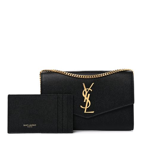 This is an authentic SAINT LAURENT Grain De Poudre Uptown Chain Wallet in Black. This tote is crafted of pebbled calfskin leather in black. The bag features an optional polished gold chain strap and a matching gold YSL monogram detail on the crossover flap. The bag opens to a black leather interior with a patch pocket and removable insert. Ysl Wallet On Chain, Ysl Wallet, Chain Wallet, Wallet Chain, Leather Interior, Chain Strap, Gold Chain, Crossover, Patch Pocket