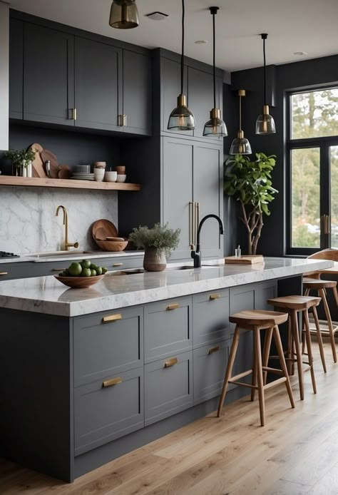 Gray Cabinets With Gray Walls, Modern Villa Kitchen Design, Colorado Kitchen Design, All Grey Kitchen, Modern Kitchen Dark Cabinets, Charcoal Cabinets Kitchen, Kitchen Interior Grey, Grey And White Kitchen Ideas Modern, Dark Grey Cabinets Kitchen