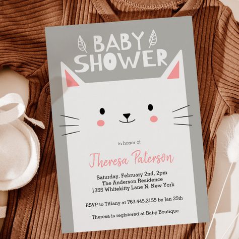 Kitty Cat Baby Shower Gender Neutral Invitation - Baby Shower Invitations Kitty Illustration, Neutral Invitation, Playful Fonts, Cat Baby Shower, Gender Neutral Invitations, Baby Shower Gender Neutral, Gender Neutral Baby Shower Invitations, White Kitten, Baby Shower Invitation Cards