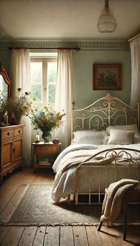 17+ French Country Bedroom Decorating Ideas That Will Transform Your Space! 🇫🇷✨ Edwardian Room Aesthetic, Guest Bedroom Ideas Cottage Style, Spanish Cottage Bedroom, Vintage Farm Bedroom, French Cottage Core Bedroom, Antique King Bed, Cottagecore Primary Bedroom, Farm Bedroom Aesthetic, South Of France Home Decor