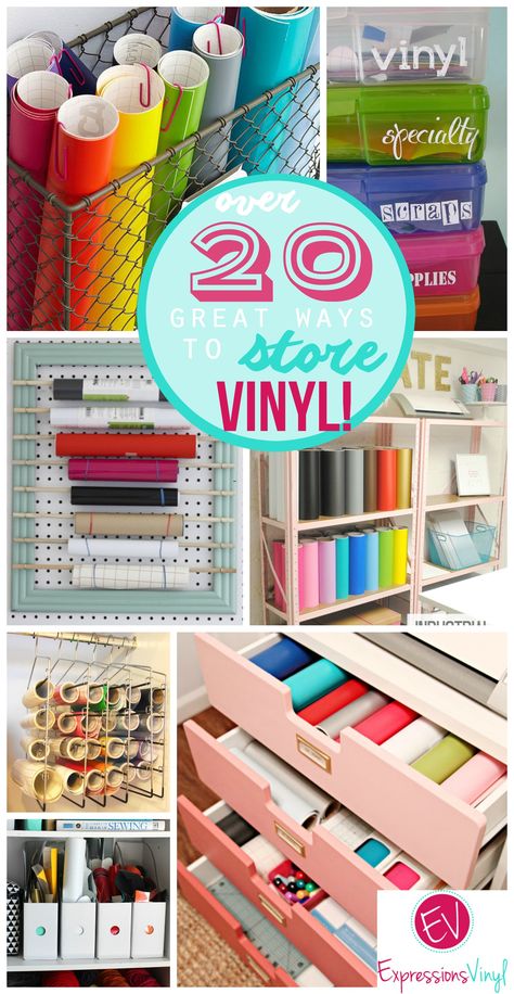 over 20 great ways to store your craft vinyl Organizing Vinyl Rolls, Circuit Storage Ideas, Storing Vinyl Rolls, How To Store Vinyl Rolls, Cricut Station Storage Ideas, Ways To Store Vinyl, Diy Vinyl Storage Rack, Vinyl Storage Ideas, Cricut Storage