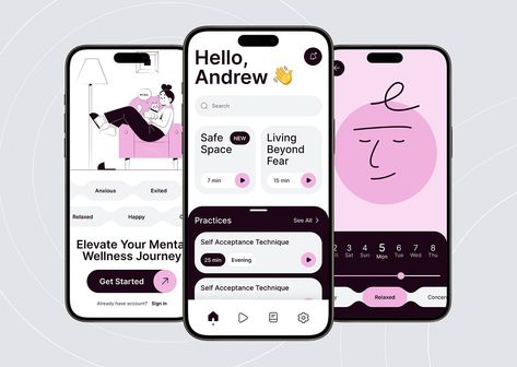 Mental Health App by Anastasiya Ryzhkova for W3Forge on Dribbble Mental Health Application Ui, App Questionnaire Design, Journal App Design, Mobile App Interface Design, Mental Health App Ux Design, App Ads Design, To Do List App Design, Wellness App Design, Mobile Apps Designs