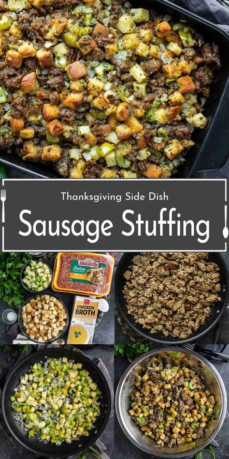 This deliciously savory apple sausage stuffing combines juicy apples, savory sausage, fresh herbs, and toasted bread for the ultimate holiday side dish! Perfect as a Thanksgiving side dish, Christmas side dish, or any cozy family dinner. Make your meal unforgettable with this easy, flavor-packed apple sausage stuffing! Impress your guests with a Thanksgiving stuffing recipe that’s both simple and unforgettable! Sausage And Sage Stuffing, Italian Sausage Stuffing Thanksgiving, Stuffing Recipes Apple, Stuffing With Sausage Recipes, Side Dish Christmas, Thanksgiving Stuffing Muffins, Sausage Stuffing Recipe Thanksgiving, Sausage Apple Stuffing, Sausage Stuffing Thanksgiving