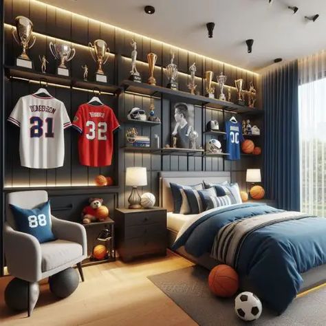 Creating a personal sanctuary for a teenager is an exciting journey. It’s about designing a space that reflects their personality, supports their hobbies, and Sports Theme Bedroom Ideas, Small Bedroom Ideas For Boys, Teenager Boys Bedroom Ideas, Small Boys Bedrooms, Soccer Bedroom, Sports Room Boys, Boy Sports Bedroom, Teenager Bedroom Design