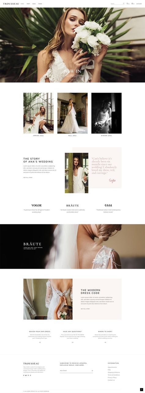 Welcome to Trousseau, a contemporary theme designed for all bridal store websites. #wordpress #wordpresstheme #wedding #dress #woocommerce Wedding Dress Websites, Unique Website Design, Website Design Inspiration Layout, Dress Websites, Bridal Store, Event Website, Photographer Website, Stunning Wedding Dresses, Bridal Stores