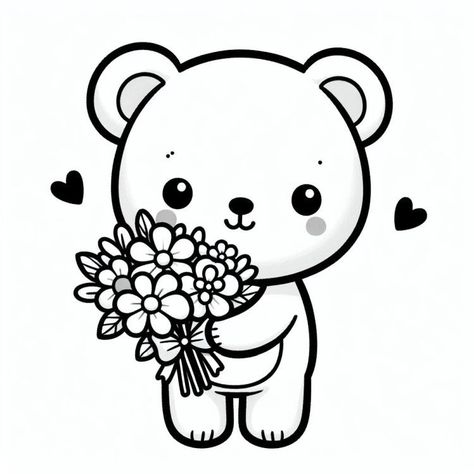 Bring to life a ‘Teddy Bear with Flowers’ by drawing a tender-eyed bear holding a lush bouquet. Create full, round cheeks and a small, sweet smile to express its gentle nature. Surround the bear with tiny hearts to emphasize the loving gesture of giving flowers. Focus on the detailed petals for the bouquet to convey a sense of freshness and affection. Cute Teddy Drawing Easy, Bear With Flowers Drawing, Small Pictures To Draw Easy, Teddy Pic, Bear Cartoon Drawing, Teddy Bear Drawings, Cute Teddy Bear Drawing, Teddy Bear Drawing Easy, Bear Drawing Easy