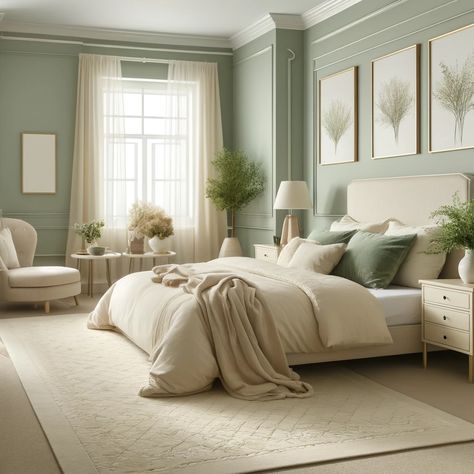 Pale Green and Cream Calming Bedroom Color Scheme Cozy Color Schemes Bedroom Ideas, Green Calm Bedroom, Relaxing Bedroom Ideas Calming Colors Accent Walls, Calming Bedroom Color Schemes, Pale Green Bedroom Walls, Pale Green Bedroom Ideas, Light Green Walls Bedroom, Pistachio Bedroom, Pale Green Bedroom