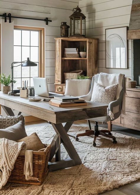 Home Office With Shiplap Wall, Country Farmhouse Office Ideas, Shiplap Office Ideas, Farmhouse Home Office Ideas For Women, Executive Office Decor For Women, Cozy Modern Office, Home Office Inspiration Farmhouse, Modern Country Office, Woman’s Home Office Ideas