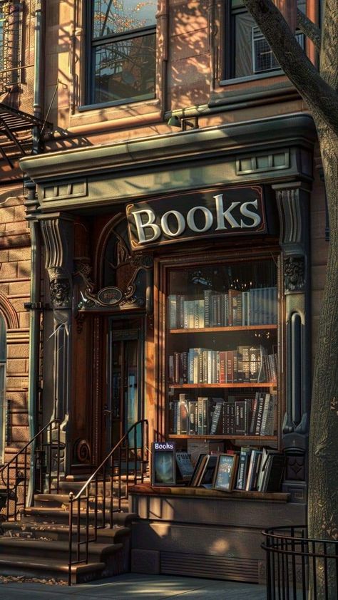 Old Bookstores Aesthetic, Apartment Above Bookstore, Old Book Shop, New York Vintage Aesthetic, Old Bookshop Aesthetic, New York Bookstore, Bookstore Exterior, Old Bookstore Aesthetic, Cozy Bookstore Aesthetic