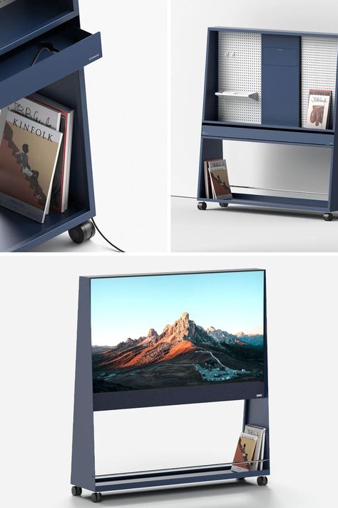 Bringing Aesthetic Privacy and Functional Flexibility, this Trolley Introduces a Portable Room Divider with Built-in Television and Storage Shelves. Learn More! Tv Trolley Design, Portable Desk Ideas, Tv Trolley, Desk Build, Portable Furniture, Office Screens, Home Layout, Portable Room Dividers, Suport Tv