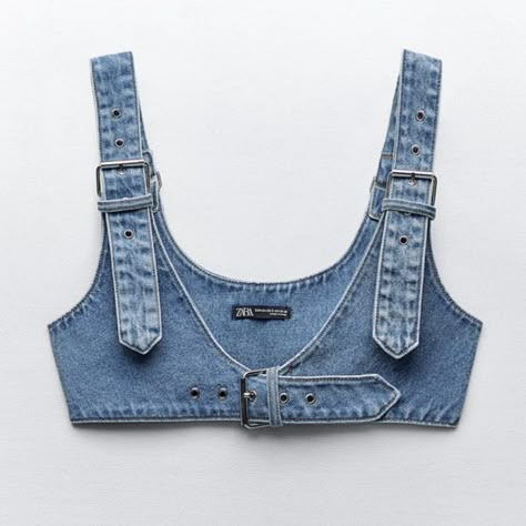 Zara Tops | Nwt Special Edition Denim Harness Belt, L-Xl | Color: Blue | Size: L-Xl Denim Patchwork Fabric, Diy Denim Top, Denim Harness, All Denim Outfit, All Blue Outfit, Ropa Upcycling, Belt Shirt, Denim Clothes, Functional Wardrobe