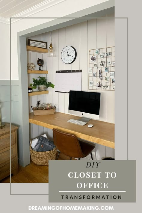 Diy Desk In Closet, Bench Desk Office, Closet To Office Conversion Desks, Closet To Office Diy, Closet Office Ideas Small Diy, Office Desk In Closet, Closet To Desk Conversion, Closet Turned Into Desk Area, Closet Craft Space